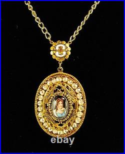 Antique Large Victorian Gold Necklace Portrait Pendant Late 1800's Pearl