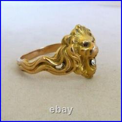 Antique Mens 10K Gold Diamond Ruby Lion Head Ring Size 12 Rare Unique Beautiful