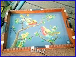 Antique Old Rare Beautiful Birds Reverse Glass Painting Big With Wooden Try sign