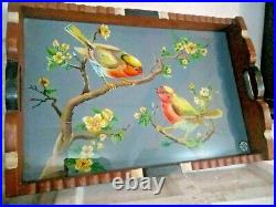 Antique Old Rare Beautiful Birds Reverse Glass Painting Big With Wooden Try sign