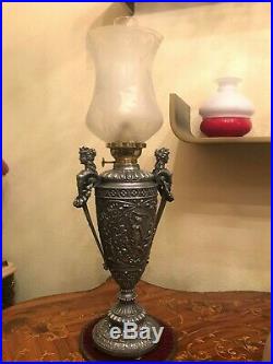 Antique Rare Amazing Beautiful Kerosene Oil Lamp 2 Antique Glass Shades