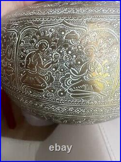 Antique Rare Beautiful Hand Religious Carved Brass Mughal /Surai Pot