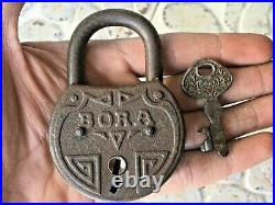 Antique Rare beautiful shape Bora marked iron pad lock made in Germany With Key