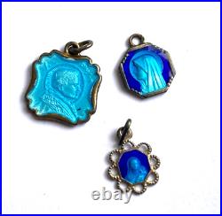 Antique Rare three Beautiful mini blue enamel Icons Pendants