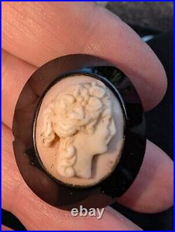 Antique Victorian Coral Cameo Whitby Jet Frame Circa 1860, Beautiful Rare Find