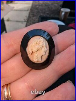 Antique Victorian Coral Cameo Whitby Jet Frame Circa 1860, Beautiful Rare Find