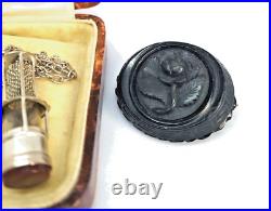 Antique Victorian Jet Broach & Rare Silver Miners Davey Lamp Seal Necklace