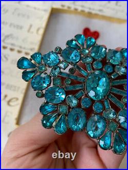 Antique brooch 1930s-40s Large Beautiful Blue Rhinestones Victorian Style Rare