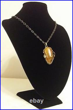 Antique&rare Baltic Amber&brass Pendant With Chain Hand-carving Beautiful