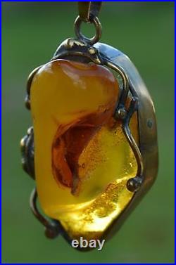 Antique&rare Baltic Amber&brass Pendant With Chain Hand-carving Beautiful