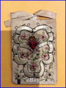 Antique rare beautiful, sacred heart, silk embroidery, scapular 1800s