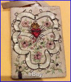 Antique rare beautiful, sacred heart, silk embroidery, scapular 1800s