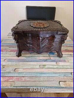 Antique rustic wood carved footstool box ottoman Rare beautiful
