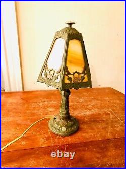 Antique stained slag glass table lamp metal Rare beauty! B&H