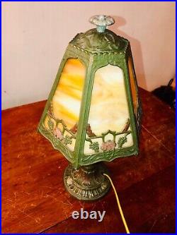 Antique stained slag glass table lamp metal Rare beauty! B&H