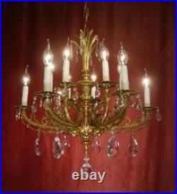 Beautiful 12 Lights Rare Antique Vintage Chandelier Heavy Crystal Brass Old Lamp