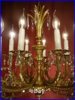 Beautiful 12 Lights Rare Antique Vintage Chandelier Heavy Crystal Brass Old Lamp