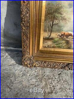 Beautiful 15.5x13.5 Framed Rare Oil Painting Cow Farm Antique Style