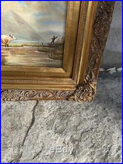 Beautiful 15.5x13.5 Framed Rare Oil Painting Cow Farm Antique Style