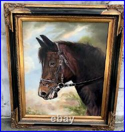 Beautiful 27x31 Framed Rare Oil Painting Of Antique-Style Brown Horse WithBridle