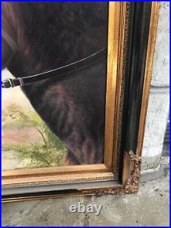 Beautiful 27x31 Framed Rare Oil Painting Of Antique-Style Brown Horse WithBridle