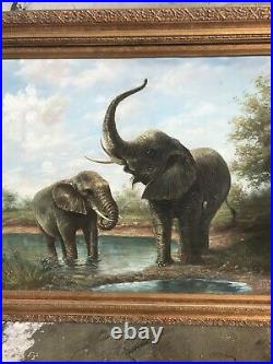 Beautiful 32x42.5 Framed Oil Painting Of African Elephants Antique Style Rare