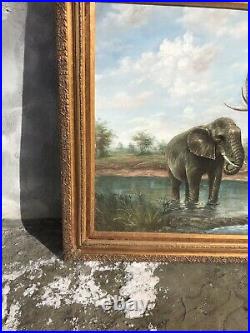 Beautiful 32x42.5 Framed Oil Painting Of African Elephants Antique Style Rare