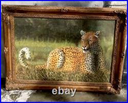 Beautiful 43.5x31.5 Framed Oil Painting African Leopard Cat Antique Style Rare