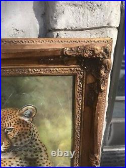Beautiful 43.5x31.5 Framed Oil Painting African Leopard Cat Antique Style Rare