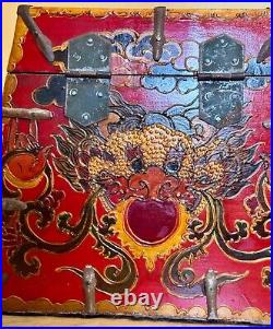 Beautiful ANTIQUE TIBETAN Trunk / Monastary Box Front Facing DRAGON (rare)