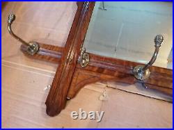 Beautiful Antique Hall Mirror, bevelled edge, attractive brass hooks, rare