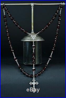 Beautiful Large french Antique Rosary Sterling Silver garnet glass 19thc Rare