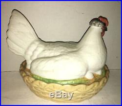 Beautiful RARE LARGE Antique Vtg Staffordshire Bisque Hen on Nest 10 M. S. Rau