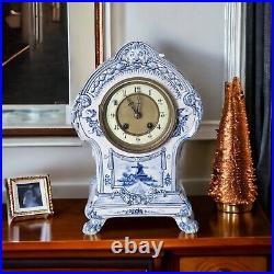 Beautiful Rare 19th C Delft Royal Bonn Franz Mehlem mantel Clock H31cm
