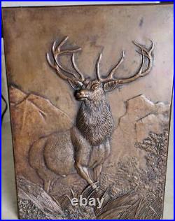 Beautiful Rare Antique Bronze Deer Stag Scene Plaque Sculpture