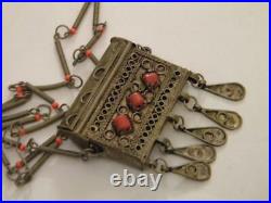 Beautiful Rare Antique Bronze Necklace Pendant Coral Vintage Women Jewelry