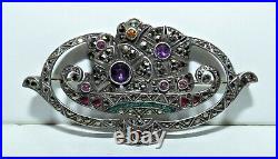 Beautiful Rare Antique French Art Deco Silver Paste Marcasite Flower Brooch