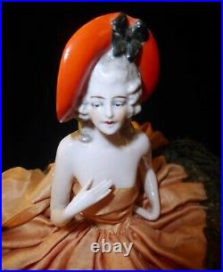 Beautiful Rare Antique German Porcelain Halfdoll Lady Orange Hat Arm Away