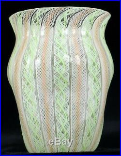 Beautiful Rare Antique Murano Art Glass Custom Latticino Fine Pink & Green Vase
