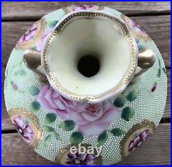 Beautiful Rare Antique Nippon Jeweled Small Vase Green Stamped Pink Roses Gold