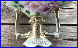 Beautiful Rare Antique Nippon Jeweled Small Vase Green Stamped Pink Roses Gold
