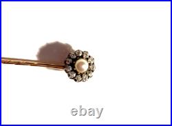 Beautiful & Rare Antique Rose Diamond And Pearl Stick Pin 18ct Gold With Gp