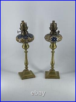 Beautiful Rare Antique Royal Doulton Lambeth Oil Lamps on WT&S Candlesticks