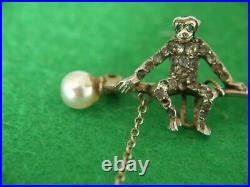 Beautiful Rare Antique Victorian Silver Cased Hanging Monkey Brooch