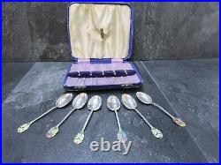Beautiful Rare Art Deco Sterling Silver Enamelled Floral Tea/coffee Spoons