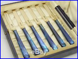 Beautiful Rare Cased Set 6 Solid Silver Gilt Blade Knives Blue Handles Hm 1922