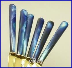 Beautiful Rare Cased Set 6 Solid Silver Gilt Blade Knives Blue Handles Hm 1922