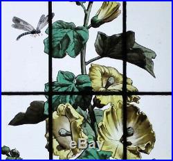 Beautiful Rare Painted French Hollyhock & Dragonfly Antique Stained Glass Window
