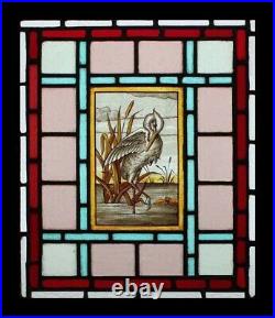 Beautiful Rare Painted Heron On Pond English Victorian Stained Glass Window