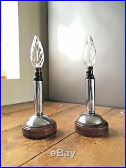 Beautiful Rare Pair Of American Chrome & Wood Art Deco Candlestick Bedside Lamps